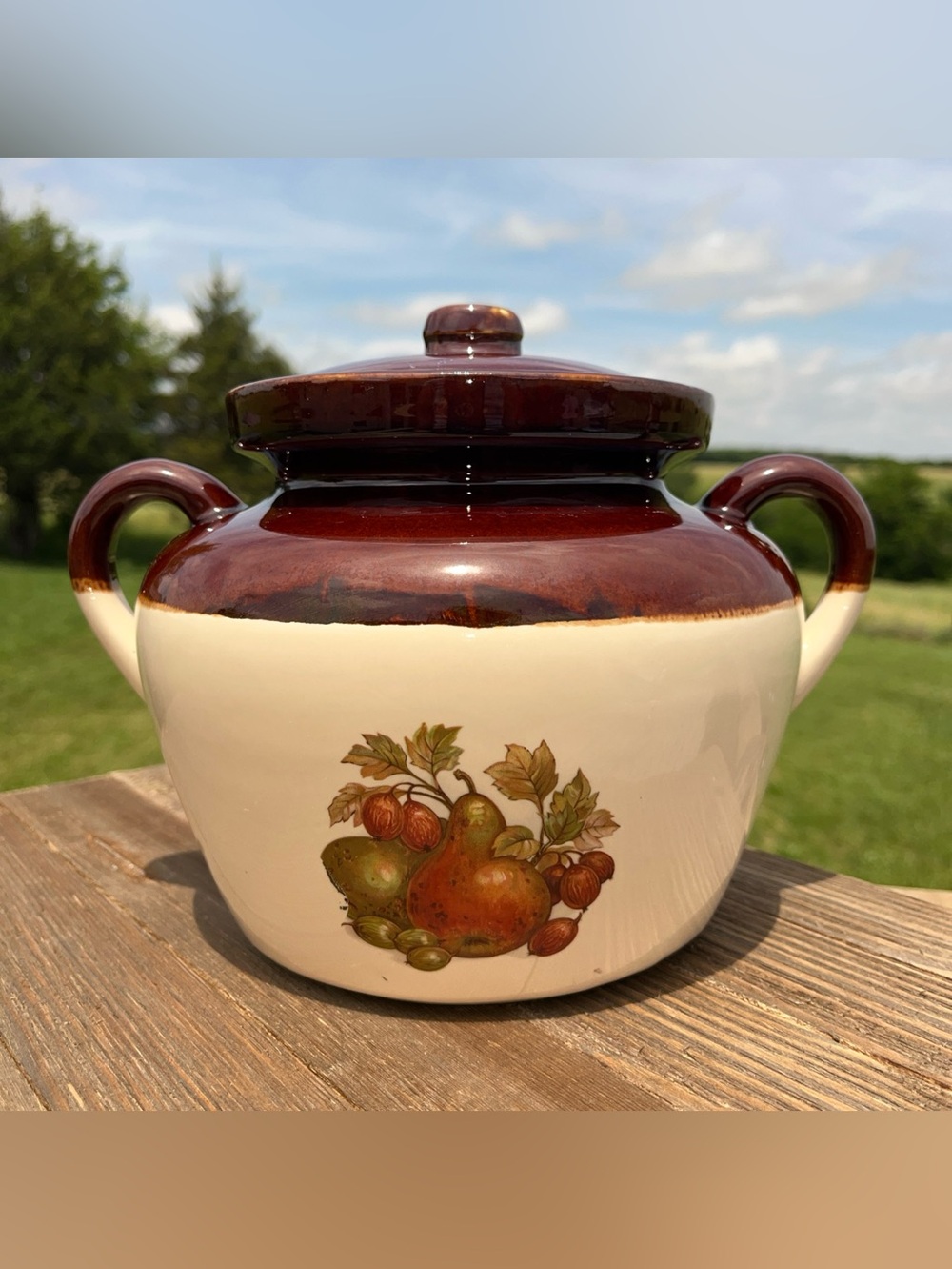 Vintage McCoy Pottery #342 Bean Pot Lidded Crock Ovenproof Fruit Festival Pears
